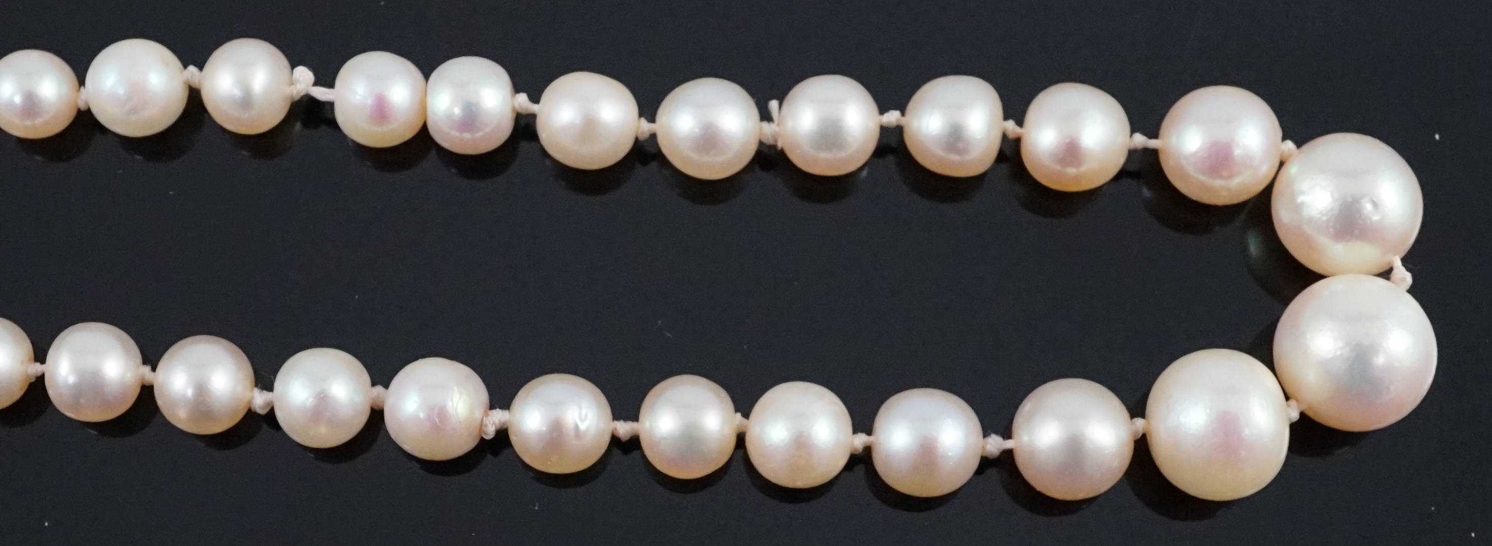 A single strand graduated natural saltwater pearl necklace, with AnchorCert report dated 31st March, 2023, with diamond set torpedo shaped clasp